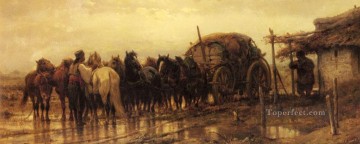 アドルフ・シュレイヤー Painting - 馬車に馬を繋ぐアラブ人 アラブのアドルフ・シュレイヤー